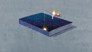 Harvets, menggambarkan anak kecil yang sedang memancing bintang di atas buku. (Foto: Jungho Lee)