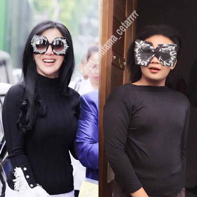 Saat penyanyi yang kerap disapa Incess mengenakan kacamata Rp 12 jutaan dari koleksi Dolce & Gabbana ditiru Fahrit yang mengenakan kacamata terbuat dari plastik hitam. Foto: Instagram