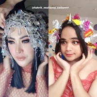Selain busana, Fahrit juga totalitas menirukan gaya Syahrini saat mengenakan aksesoris kepala. Foto: Instagram
