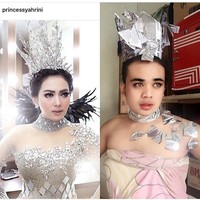 Tak hanya penampilannya saja, Fahrit juga meniru gaya tulisan caption Syahrini di postingan foto Instagramnya itu. Klo rambut ada lah mahkota,, Knp tidak klo rambut ditancap oleh mahkota dengan indah dan manjjah, tulis Fahrit.  Foto: Instagram