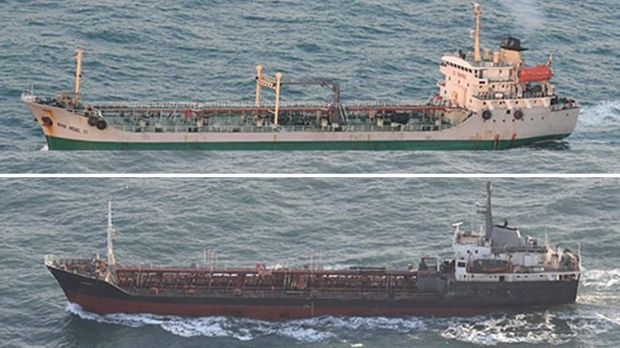 Kapal Korut Rye Song Gang 1 (atas) dan kapal Wan Heng 11 (bawah) berlayar terpisah usai melakukan aktivitas ilegal