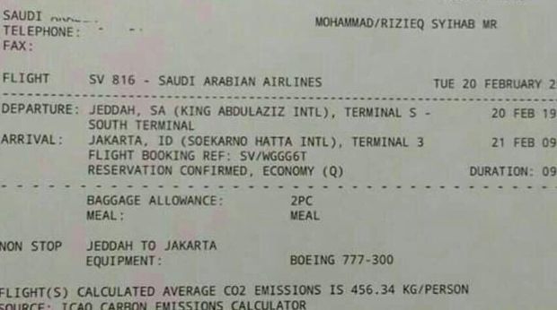 e-ticket kepulangan Imam Besar FPI Habib Rizieq Syihab yang beredar
