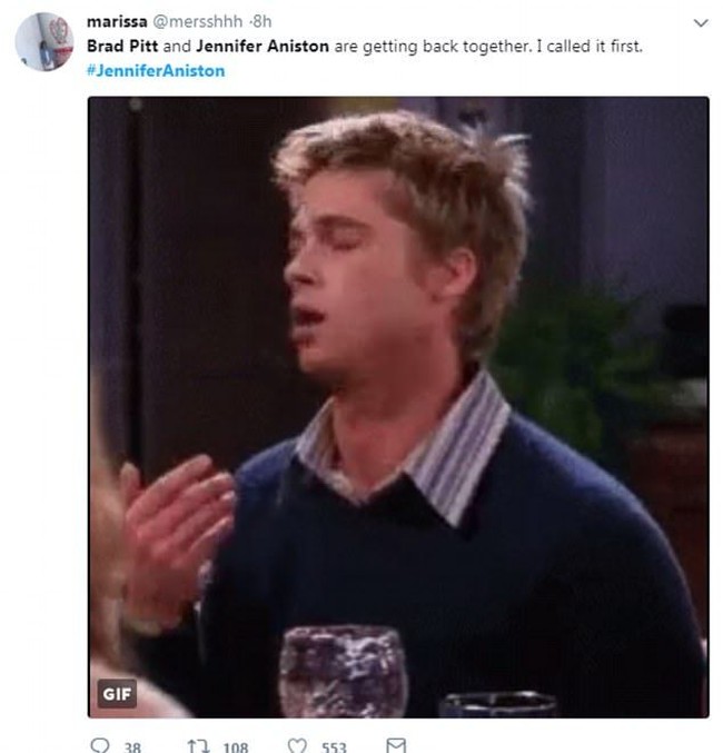 Netizen yang satu ini yakin banget kalau Brad dan Jen bakal bersatu kembali. Foto: Twitter