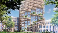 Gedung yang menggunakan ornamen kayu ditargetkan selesai dibangun pada 2041 mendatang sekaligus menandai hari jadi Sumitomo ke 350 tahun. Kerangka bangunan tersebut juga mengubah kota menjadi ramah lingkungan karena ditumbuhi tanaman. Istimewa/Inhabitat.