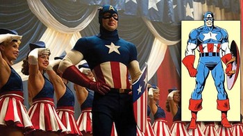 Karakter Captain America bersanding dengan wujudnya di komik. (Foto: Vulture)