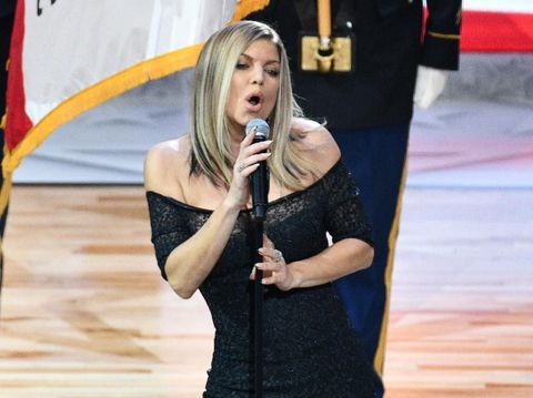 LOS ANGELES, CA - FEBRUARY 18:  Singer Fergie sings the national anthem prior to  The 67th NBA All-Star Game: Team LeBron Vs. Team Stephen at Staples Center on February 18, 2018 in Los Angeles, California.  (Photo by Allen Berezovsky/Getty Images)