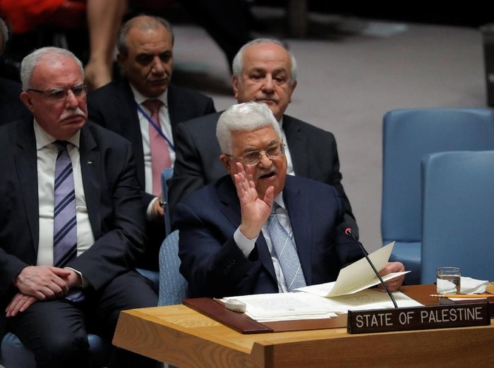 Palestinian President Mahmoud Abbas speaks during a meeting of the UN Security Council at UN headquarters in New York, U.S., February 20, 2018. REUTERS/Lucas Jackson