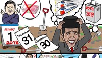 Dalam salah satu komiknya digambarkan Vote 2019 yang mengisyaratkan Pemilu 2019 dengan gambar mirip Presiden Jokowi lalu beberapa proyek. Foto: Facebook Onan Hiroshi