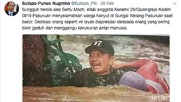 Penghargaan untuk Sertu Waki yang Selamatkan Warga Terseret Banjir