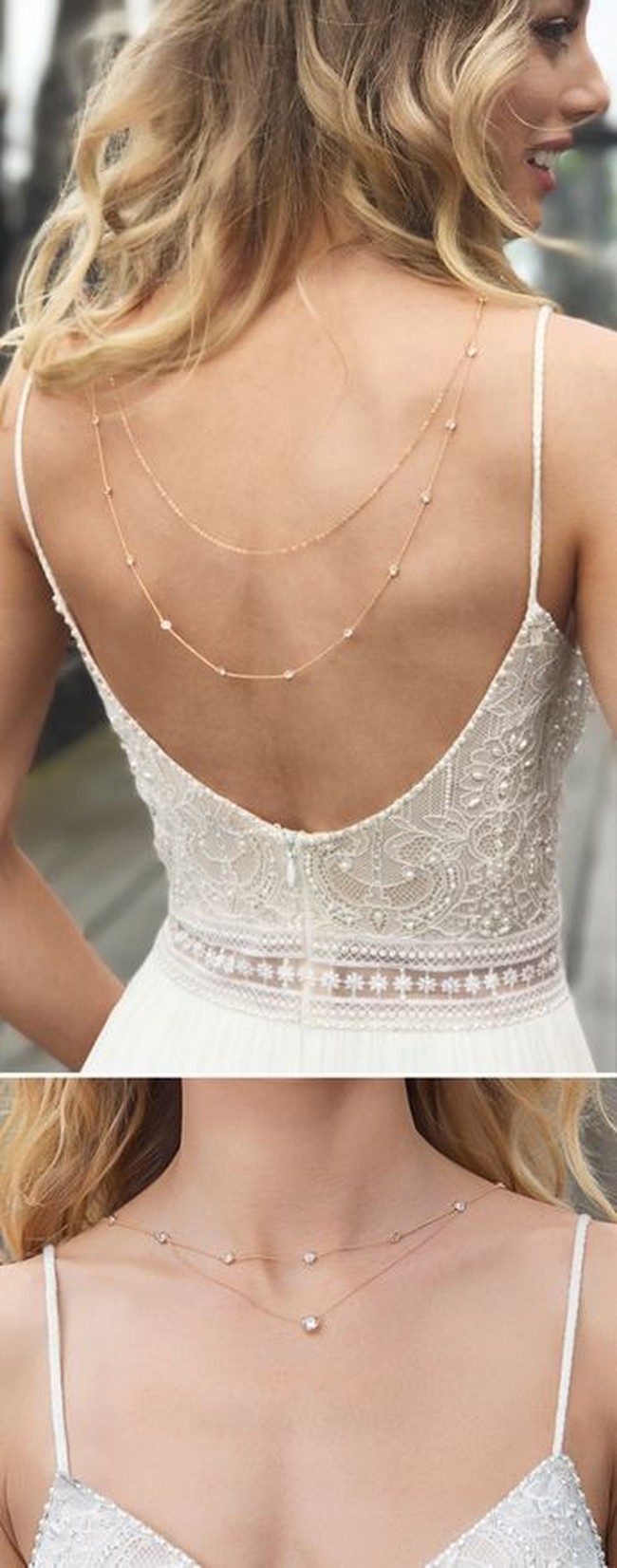 Tren pernikahan 2018 yang cukup unik adalah gaun backless. Tak sekadar backless, bagian punggung yang terbuka juga dilengkapi kalung minimalis sehingga tampak cantik seperti ini. Foto: Pinterest
