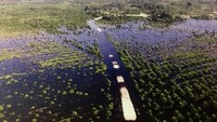 Penanganan pada ruas yang masih berupa tanah akan dilakukan hingga tahun 2019 termasuk peninggian badan jalan sepanjang 2 km pada lokasi rawan banjir yakni di antara Simpang Tapang dan Simpang Take. Pool/Kementerian PUPR.