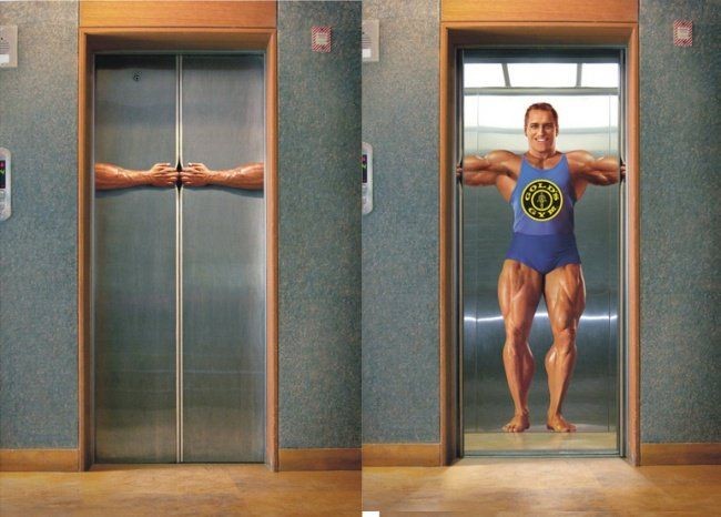 Mau tubuh berotot? Ayo angkat beban! Iklan kocak ini dipersembahkan oleh Golds Gym. Foto: Dok. Elite Readers