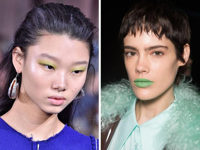 Lupakan riasan bernuansa merah atau peach, kini makeup bernuansa hijau pastel ada di mana-mana. Marni menampilkan model dengan eyeshadow warna hijau. Begitu juga dengan fashion show Annakiki yang modelnya tampil dengan lipstik hijau pastel.  Foto: Getty Images