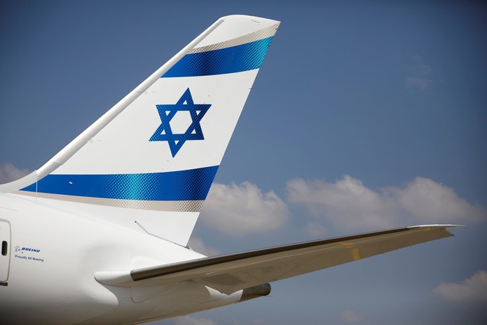 FILE PHOTO: An Israeli flag is seen on the first of Israels El Al Airlines order of 16 Boeing 787 Dreamliner jets, as it lands at Ben Gurion International Airport, near Tel Aviv, Israel August 23, 2017. REUTERS/Amir Cohen/File Photo