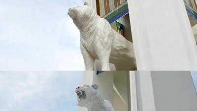 Before-After Tugu Patung Maung Bandung yang Disebut Mirip Anjing Laut