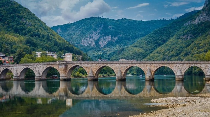 View from old bridge to Visegrad town in Bosnia and Herzegovina.