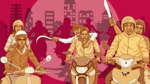 ILUSTRASI FOKUS (BUKAN BUAT INSERT) PENYERANGAN GENG MOTOR DI KEMANG (ILUSTRATOR: FUAD HASIM/DETIKCOM)