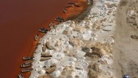 Danau Pink, Senegal. Bukit pasir memisahkan Danau Retba dari Atlantik. Namun, air yang ada di dalamnya lebih asin dari pada lautan dan lebih asin dari Laut Mati (CNN Travel)