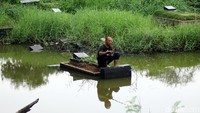 Warga memancing ikan di TPU Tanah Kusir, Jakarta Selatan.