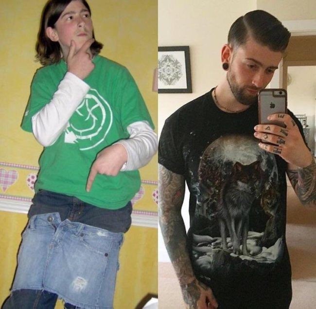 Lihat pria ini saat usia 14, baju kebesaran dan rambut gondrong. Tapi ketika usia 26 penampilannya yang cupu berubah jadi ganteng dengan rambut rapi, brewok dan tato.  Foto: dok. Reddit