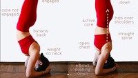 Untuk bisa melakukan sirsasana dengan sempurna, maka punggung tidak boleh melengkung. Caranya dengan mengencangkan core atau perut. Instagram @martina__rando 