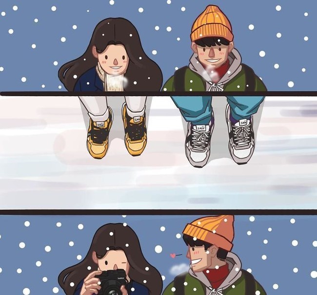 Saat jatuh cinta kita akan dengan mudahnya tertawa bersama. Entah menertawakan kekonyolan satu sama lain atau hal-hal kecil dalam hidup ini. Seperti yang diilustrasikan dengan pas oleh ilustrator Korea Gyung ini. Foto: Dok. Instagram gyung_studio