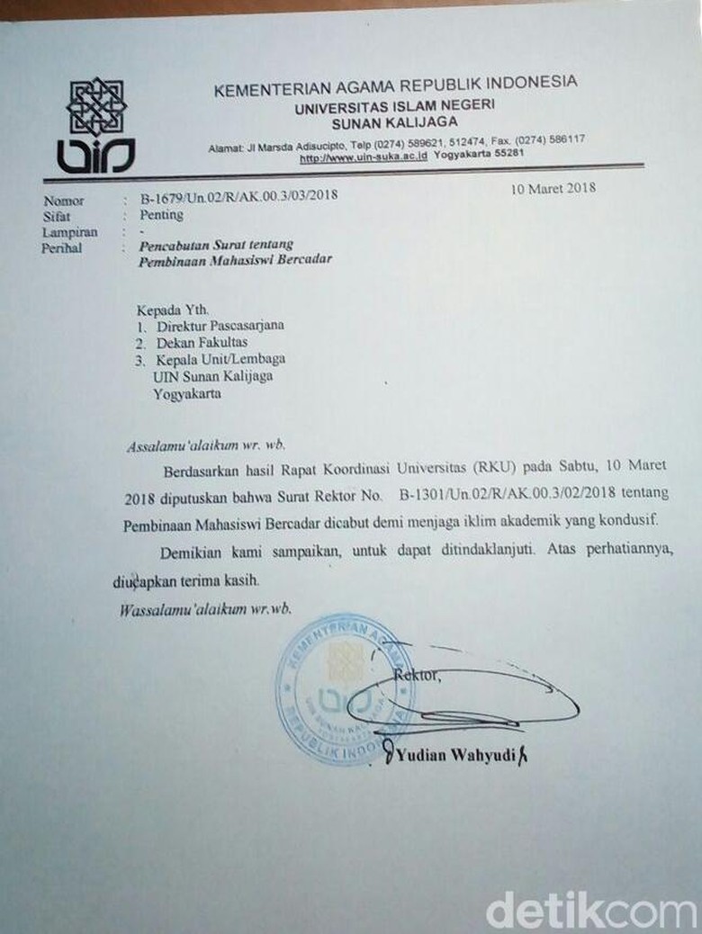 Akhiri Polemik, UIN Yogya Cabut Surat Pembinaan Mahasiswi Bercadar Akhiri Polemik, UIN Yogya Cabut Surat Pembinaan Mahasiswi Bercadar