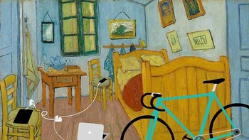 Ilustrator asal Korea Selatan, Kim Dong Kyu menyusupkan gadget di lukisan tenar zaman dulu. Ini adalah lukisan The Room dari Vincent van Gogh yang disusupi Macbook Air. Foto: Istimewa