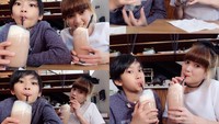 When Azka en me en drink milkshake cokolate, tulis akun @chikajessica88. Kalau ekspresi minum milkshake sama-sama menggemaskan gini, jadinya mereka kelihatan seperti kakak adik, ya. Foto: Instagram @chikajessica88
