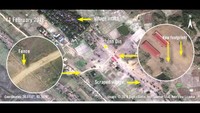 Citra satelit wilayah Inn Din pada 11 Februari 2018 menunjukkan bagian selatan area ini dibuldoser. Dua struktur bangunan yang baru dibangun terlihat jelas dari udara. Tanda-tanda akan dibangunnya 8 bangunan baru juga terlihat, dengan pagar baru dipasang di gerbang masuk. Bentuk bangunan baru ini mirip dalam ukuran, bentuk dan warna dengan bangunan di Kan Kya yang menunjukkan kednya terkait pasukan keamanan. Foto: Amnesty International/DigitalGlobe Inc/USG/NextView License