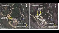 Wilayah desa Yin Ma Zay di Buthidaung, Rakhine terlihat dalam citra satelit tertanggal 23 Mei 2017 dan 27 Februari 2018. Tampak sejumlah helipad baru dibangun di area yang tidak dihuni warga setempat. Foto: Amnesty International/DigitalGlobe Inc/USG/NextView License