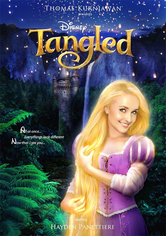 Hayden Panettiere yang berambut pirang, cocok memerankan Rapunzel di film Tangled, seperti yang tergambar di poster kreasi Thomas Kurniawan ini. Foto: Dok. Thomas Kurniawan