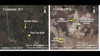 Citra satelit wilayah Hla Poe Kaung pada 6 September 2017 (kiri) menunjukkan beberapa desa hangus dibakar. Pada 5 Februari 2018, citra satelit menunjukkan sebagian besar area dibuldoser dan banyak struktur bangunan baru juga beberapa helipad telah dibangun. Foto: Amnesty International/DigitalGlobe Inc/USG/NextView License