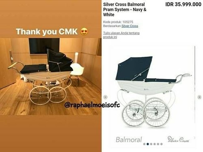 Seperti Nagita Slavina, stroller putra pertama Sandra Dewi, Raphael Moeis juga hadir dengan harga fantastis. Dalam foto yang diunggah ke Instagram Story terlihat Sandra memperlihatkan Raphael mendapatkan kado stroller keluaran brand Silver Cross seri Balmoral Pram yang harganya mencapai Rp 35 juta. Foto: Dok. Instagram