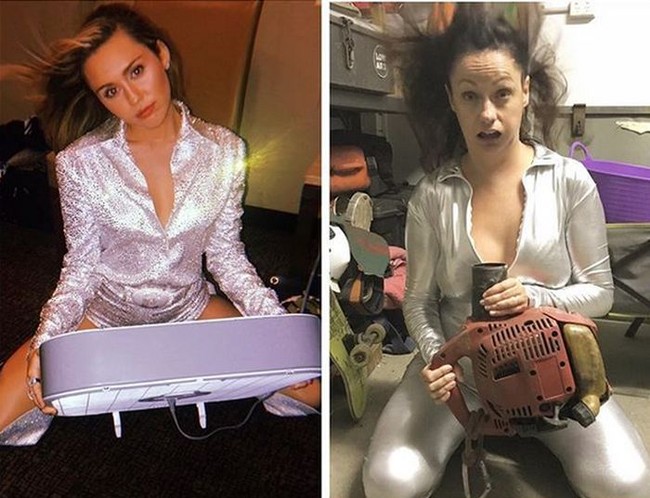 Memanfaatkan perabotan yang ada di rumah untuk meniru gaya Miley Cyrus yang mengenakan silver jumpsuit. Foto: Instagram