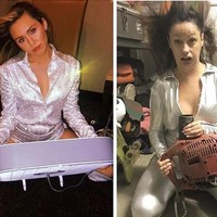 Memanfaatkan perabotan yang ada di rumah untuk meniru gaya Miley Cyrus yang mengenakan silver jumpsuit. Foto: Instagram