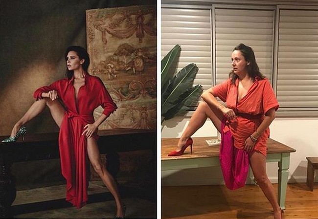 Pose seksi Victoria Beckham saat pemotretan untuk Vogue Spanyol ditiru olehnya. Foto: Instagram