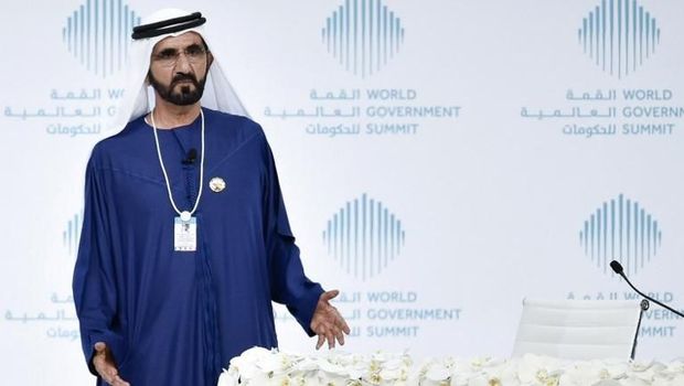 Sheikh Mohammed bin Rashid al-Maktoum, Vice-President and Prime Minister of the UAE and Ruler of Dubai, gives a speech during a special session on 'How to Reignite the Regions Development', at the World Government Summit 2017, in Dubai's Madinat Jumeirah on February 12, 2017.  / AFP PHOTO / STRINGER