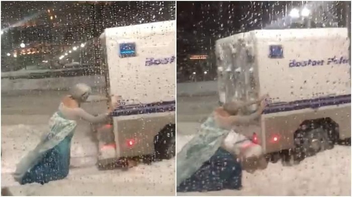 Viral Aksi Elsa Frozen Dorong Mobil Polisi Di Tengah Salju