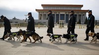 Para petugas keamanan berjaga dengan membawa anjing. 