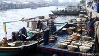 Nelayan menurunkan ikan dari atas perahu untuk dijual.