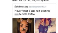 Seseorang mencoba untuk meledek wanita yang ada di foto selfie dan membandingkannya dengan foto seluruh tubuhnya. Padahal, wanita itu sama-sama terlihat cantik kan mau difoto dari angle mana pun? (Foto: Internet)