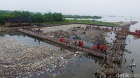 Pembersihan sampah di Teluk Jakarta kembali dilanjutkan pagi ini. Petugas bahu membahu mengangkut sampah.