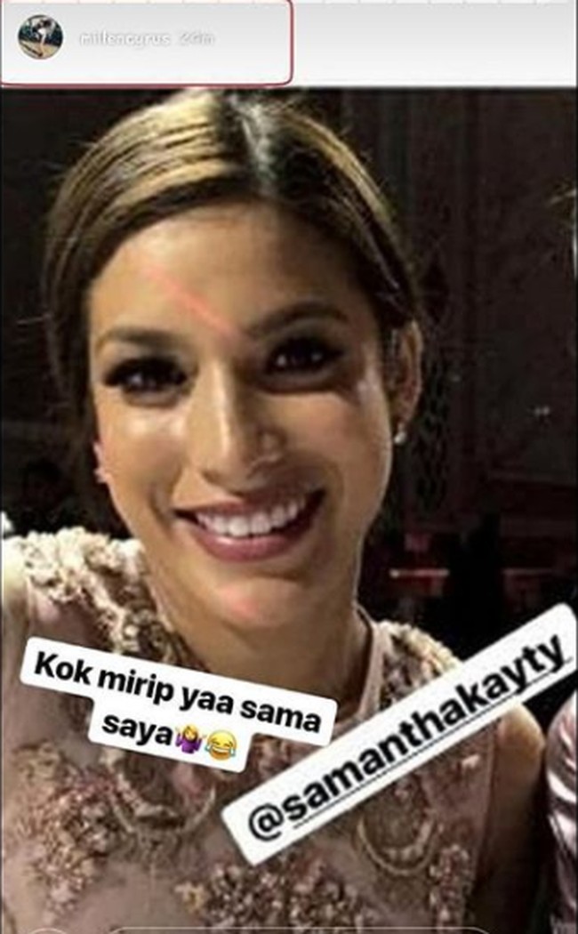 Pada postingannya di Instagram, Millen mengunggah foto Miss Malaysia Samantha Katie dan mengaku mirip dengannya. Foto: Instagram