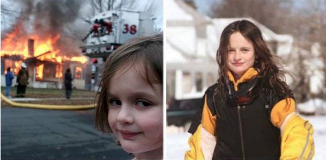 Senyuman Zoe Roth yang terlihat licik dengan latar belakang rumah terbakar membuatnya dijuluki Disaster Girl. Foto diambil pada 2004 saat ia berusia empat tahun dan sebenarnya bukan rumahnya yang terbakar, tapi saat itu para pemadam kebakaran sedang latihan. Kini Zoe tumbuh jadi remaja cantik dengan senyum yang manis. Foto: Istimewa