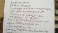 Surat seorang bocah difabel di Riau untuk Presiden Jokowi jadi viral di media sosial. Surat tulisan tangan itu dituliskan bocah bernama Bulan Karunia Rudianti.