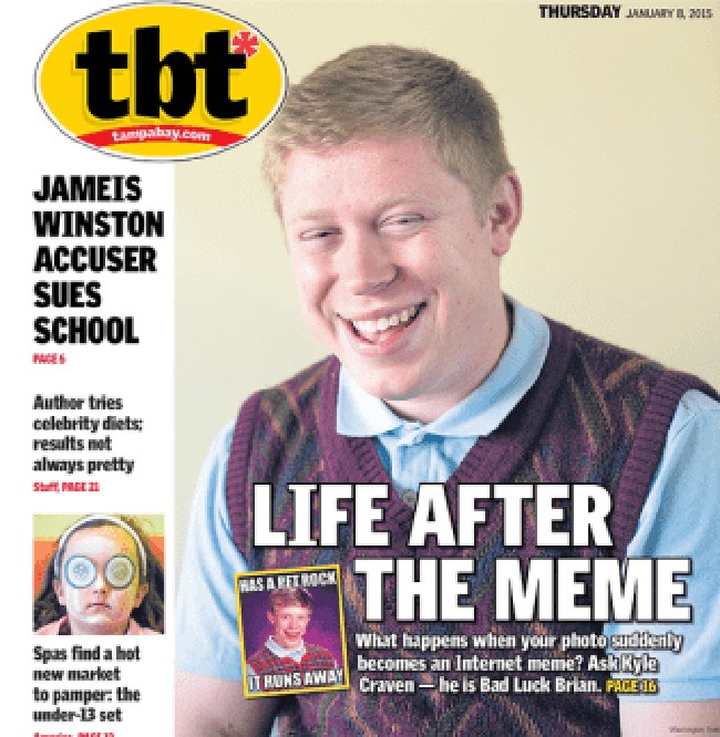  Meme remaja dengan kawat gigi ini terkesan seperti orang yang tersenyum di tengah kemalangan, sehingga netizen menjulukinya Bad Luck Brian. Aslinya, sosok di dalam foto bernama Kyle Craven. Foto tersebut diambil saat Kyle duduk di bangku SMP kelas 1. Teman Kyle menilai fotonya sangat lucu dan mem-postingnya di internet, yang kemudian jadi viral di 2012. Kini Kyle sudah melepas kawat gigi dan menjadi seorang Youtuber. Foto: Istimewa