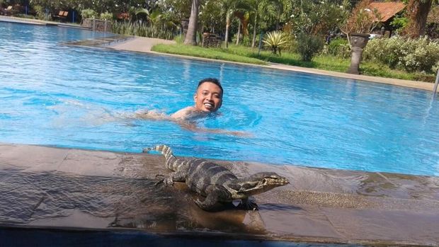 Biawak Brigadir Fian sering diajak berenang dan jalan-jalan. (Foto: Muhajir Arifin)