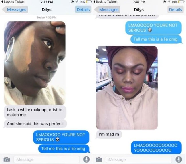 Bencana ini mungkin lebih menyakitkan karena bukan disebabkan oleh diri sendiri. Wanita ini pasti sakit hati karena direkomendasikan warna foundation yang salah. Foto: Twitter @Dilysnana