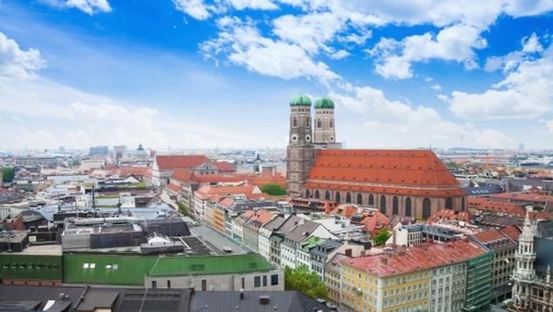 City view with sky, red roofs in Munich